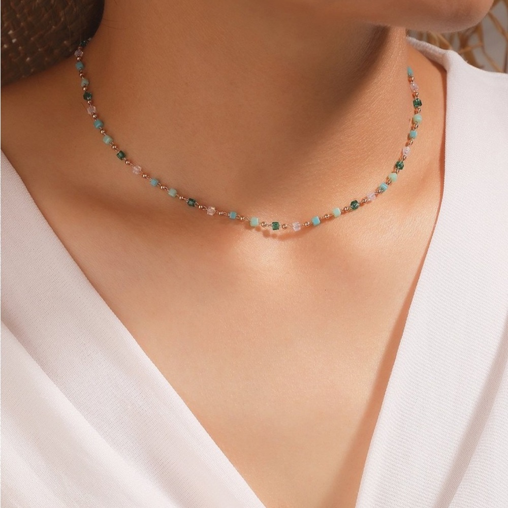 Gold Necklace and Blue Emerald Pearls For Women